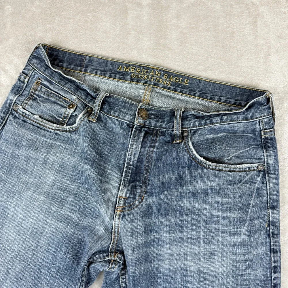 American Eagle Jeans Mens Meas 34x32.75 Blue Original Straight Grunge Distressed